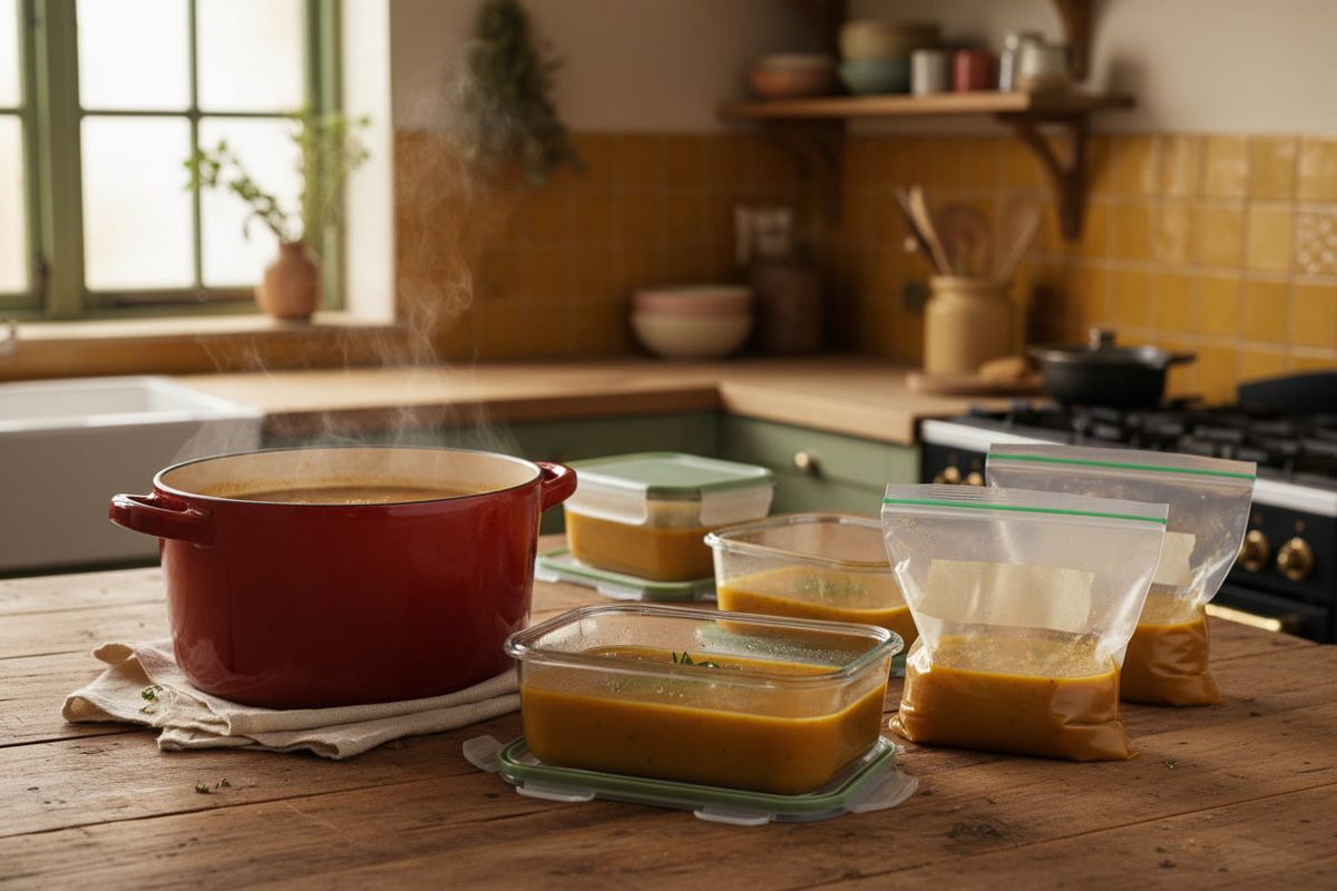 A pot of soup with meal-prep containers and freezer bags